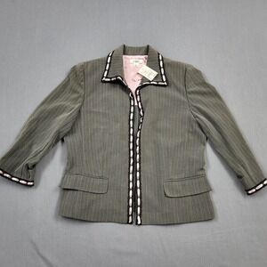 Cato Womens Gray Pinstripe Blazer Pink Ribbon Lace Trim 3/4 Sleeve Size 12